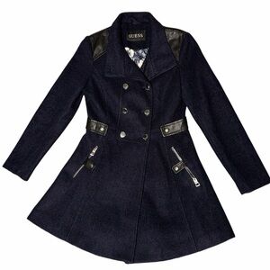 Guess Double Breasted Wool Blend Women's Coat Navy Blue & Faux Leather Trim L